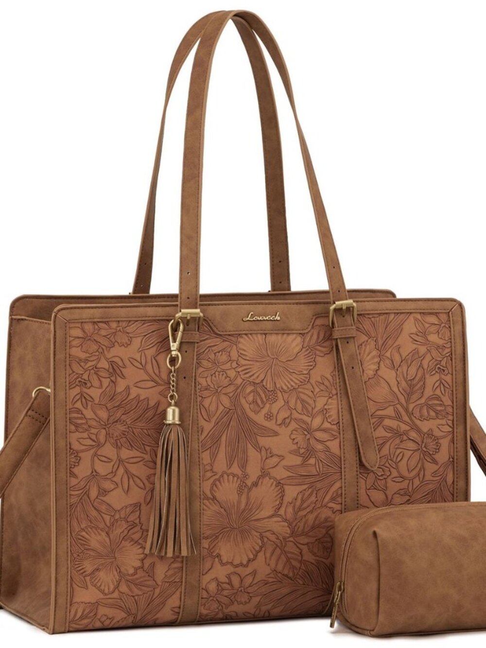 Laptop Bag for Women, Vintage Leather 15.6 Inch Work Tote with Large Cup Holder